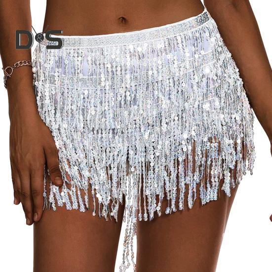 Женская юбка для танца живота с цепочкой, кисточками, пайетками, 3 слоя, на шнуровке, в стиле бохо, клубная одежда для выступлений, мини-юбка для латинских танцев, короткая юбка для тренировок, бедра, талия