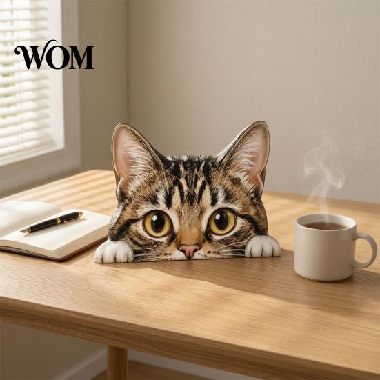 Cute Cat Theme Room Decor Shelf Sitter Ornament, Wooden Peeking Kitten Figurine, Modern Home Soft Decoration 2D Flat Decorative Statue for Desktops
