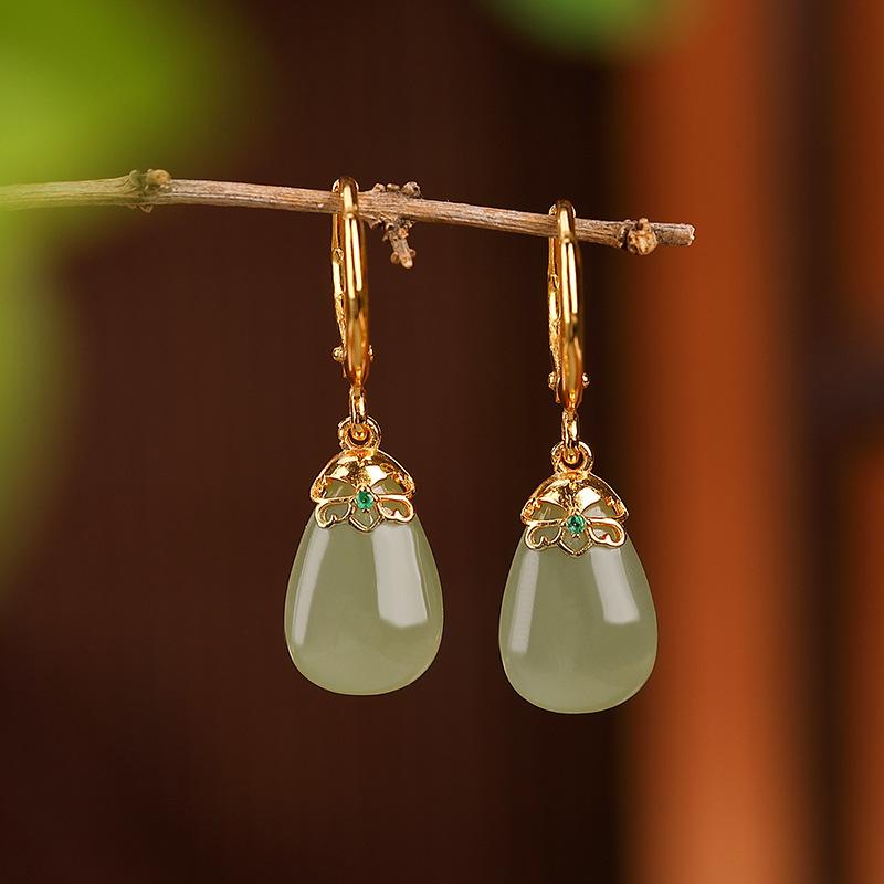 Стерлинговое серебро S925, позолоченные Хотан, нефрит, сапфир, темперамент, элегантные серьги с каплями воды, универсальные белые серьги, серьги