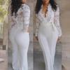 New European & American Sexy Deep V Neck White Lace Jumpsuit with Belt