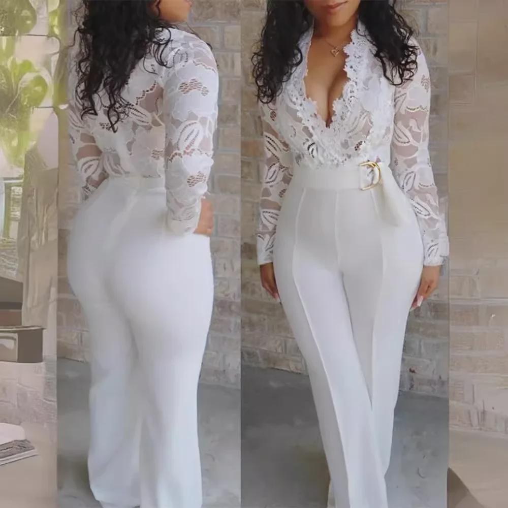 New European & American Sexy Deep V Neck White Lace Jumpsuit with Belt