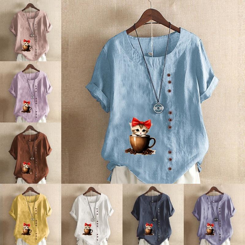 Women's Fashion Cute Cat Prined Short Sleeve T-shirt Loose Cotton Shirt Casual Loose Summer Blouse Tops Plus Size