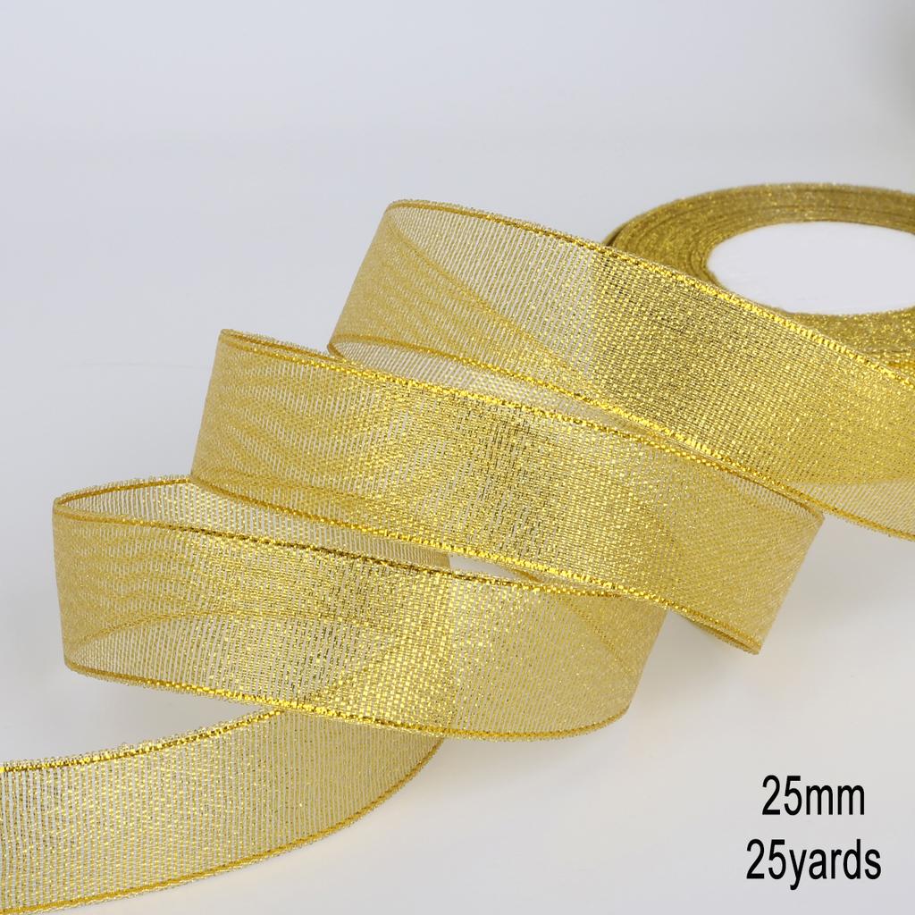 1Pcs Gold/Silver Silk Satin Organza Glitter Ribbon 7-38mm Onions Belt for Wedding Cake Gift Package