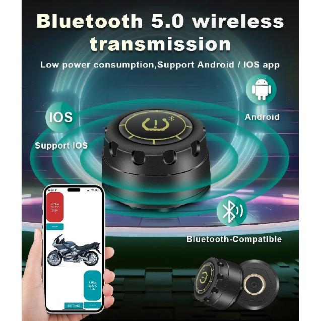 Motorcycle Car TPMS Tire Pressure Alarm Monitor Bluetooth 5.0 Apple IOS Android System Temperature Warning Sensors Tire Gauge