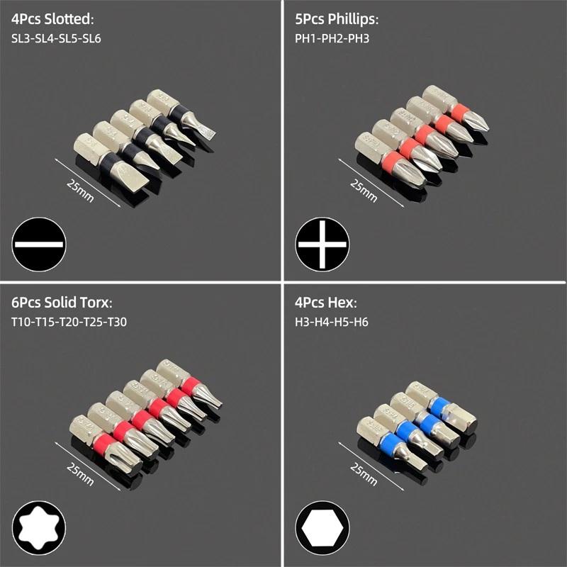 Набор отверток 25 мм, шлицевые биты Phillips Pozidriv Torx, квадратная шестигранная отвертка, шестигранный хвостовик 1/4, электрическая отвертка, ручной инструмент