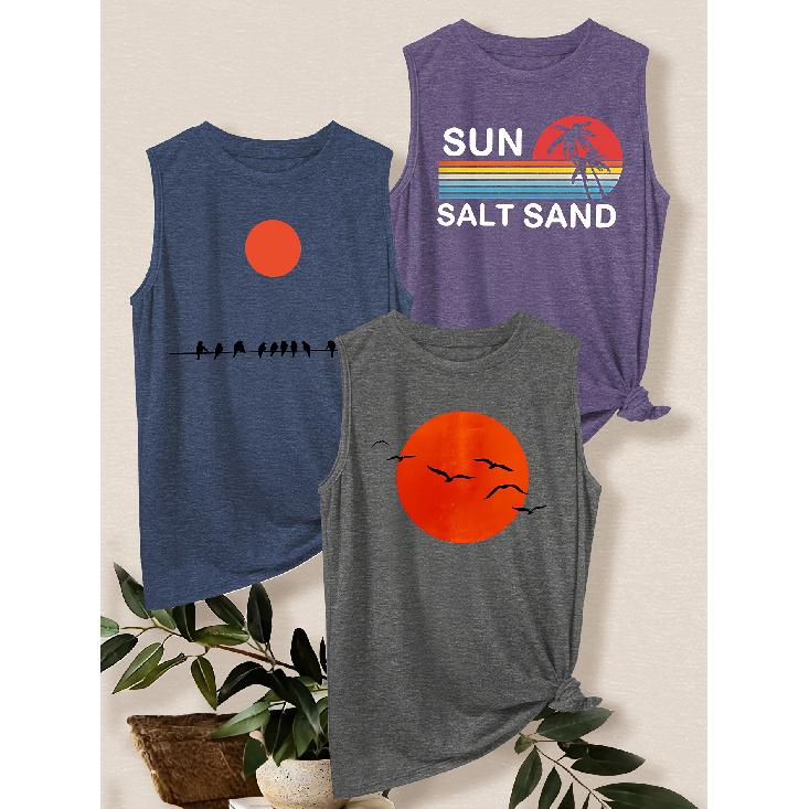 3Set of tank tops Vintage style SUN SALT SAND Loose-fitting casual vest with red sun and bird print T Shirt Breathable, comfortable, and soft fabric