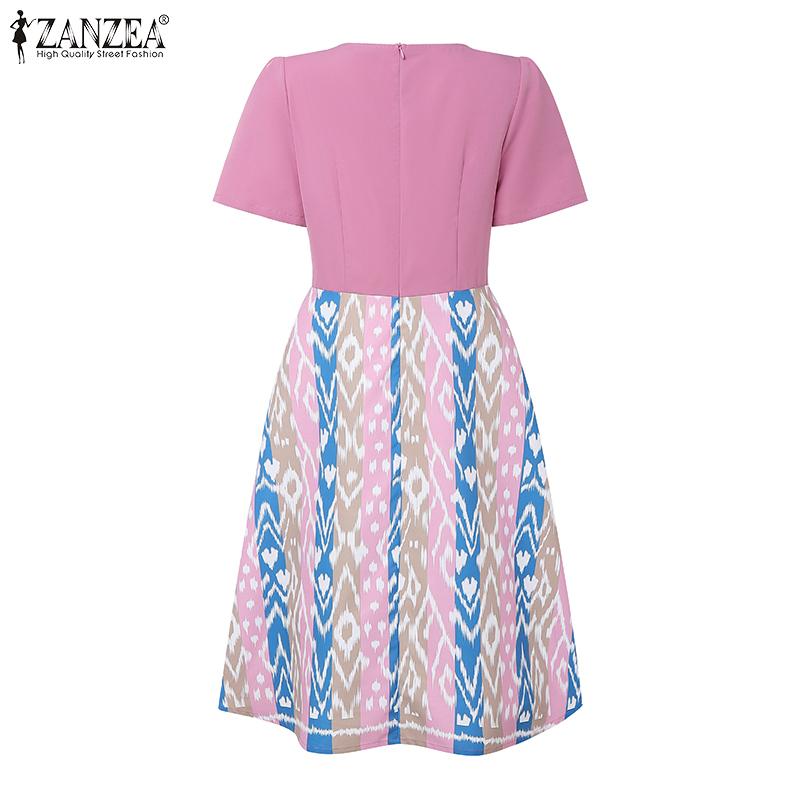 ZANZEA Women Casual Round Neck Short Sleeve Print Patchwork Dress