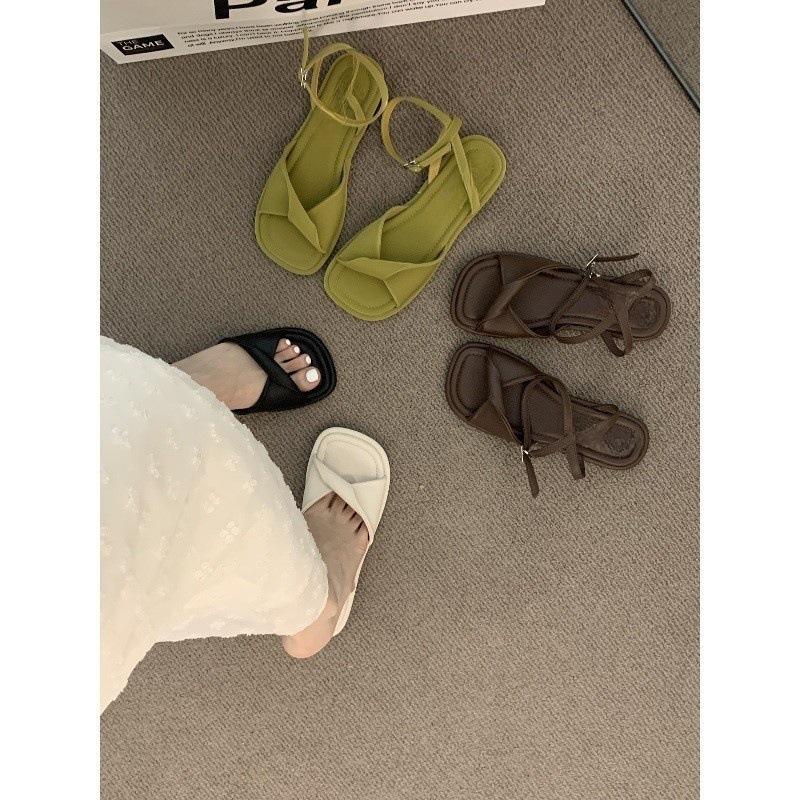 Fairy milky white open-toed sandals female flat-soled soft-soled vacation shoes