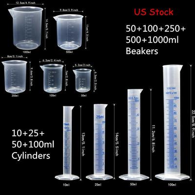 Набор лабораторной пластиковой посуды, 4 прозрачных пластиковых мерных цилиндра с 5 стаканами + 1 кисточка