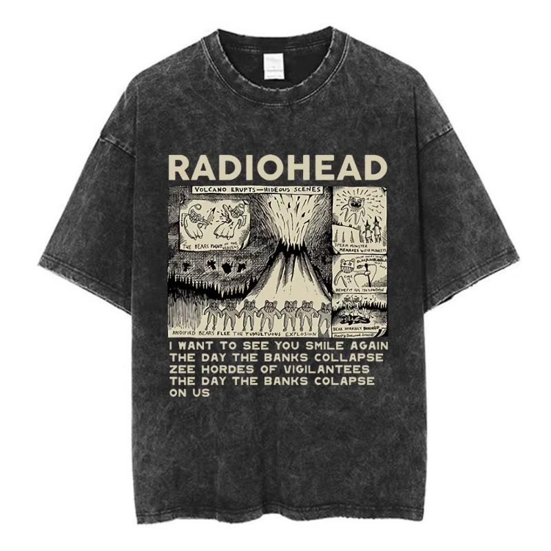 Rock Band Radiohead The Bends Винтажная стираная футболка Унисекс Женская мода Хип-хоп футболки Повседневные футболки Уличная одежда
