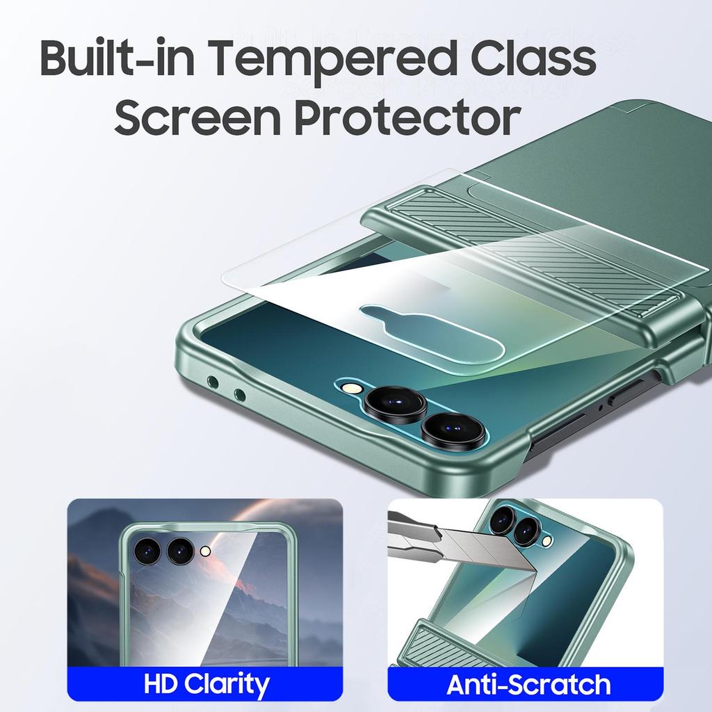 Для Samsung Galaxy Z Flip 7 с держателем для карт [RFID-блокировка] и защитой шарнира и HD-защитой экрана, Прочный противоударный чехол для телефона - Мятно-зеленый