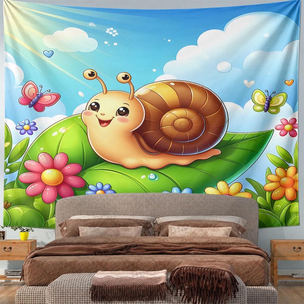 "Happy Snail on Leaf with Flowers" Pattern Wall Hanging Tapestry Decorative Tapestry Home Decor for Bedroom and Living Room