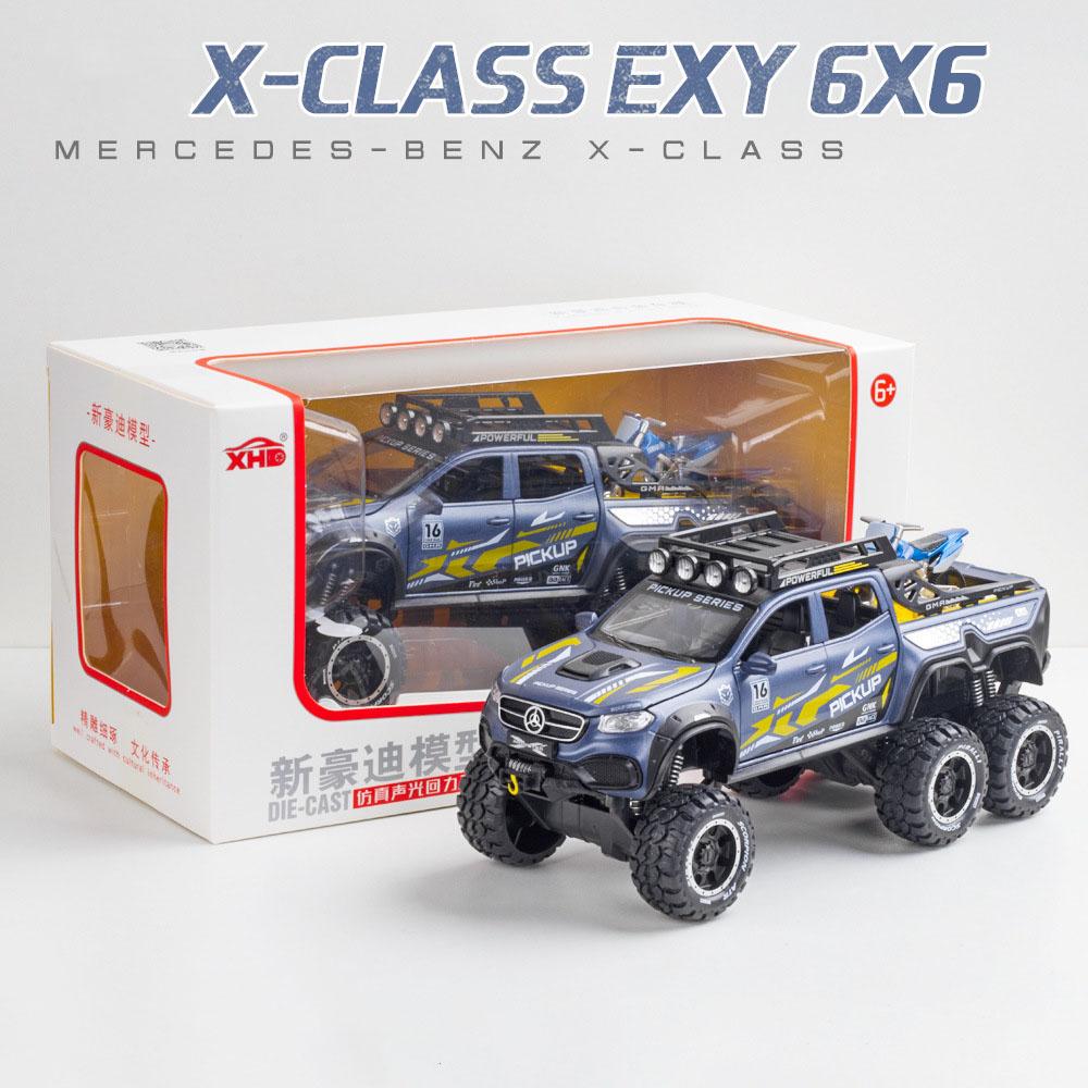 1:28-масштабная металлическая модель Benz X-CLASS EXY 6X6 с большим колесом, со световым звуком, пикап Monsters, литой автомобиль, игрушка из сплава с откидной спинкой