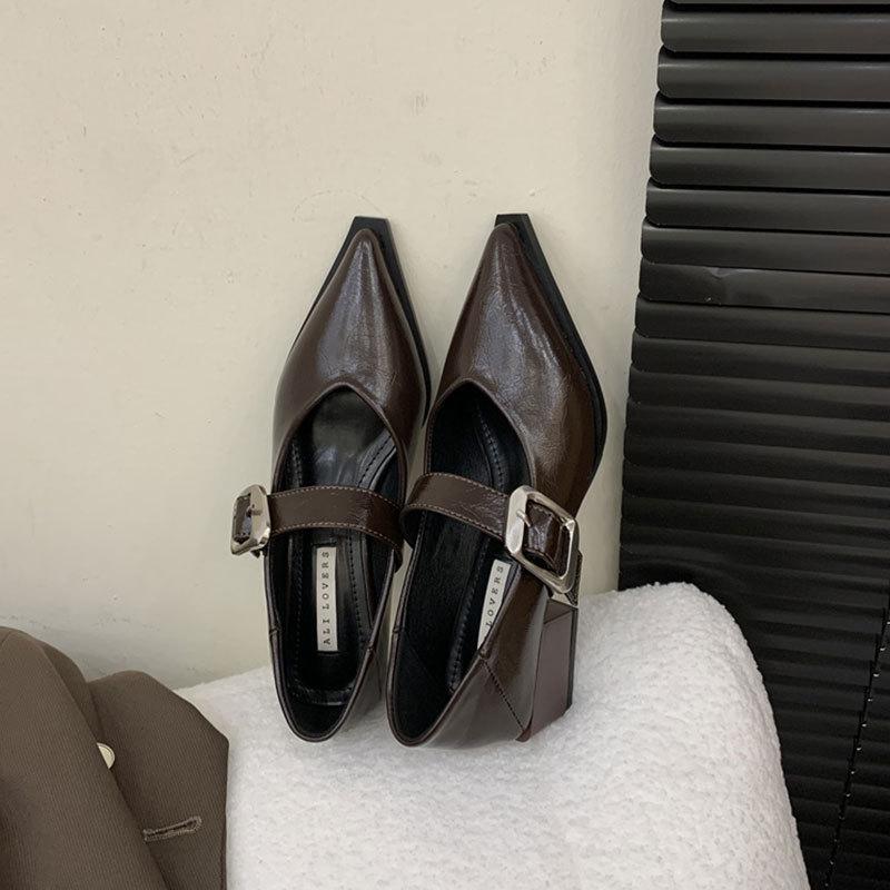 Pointed Mary Jane Single Shoes Women's 2025 Spring and Summer New Fashionable Retro Light Mouth Thick Heel Small Leather Shoes