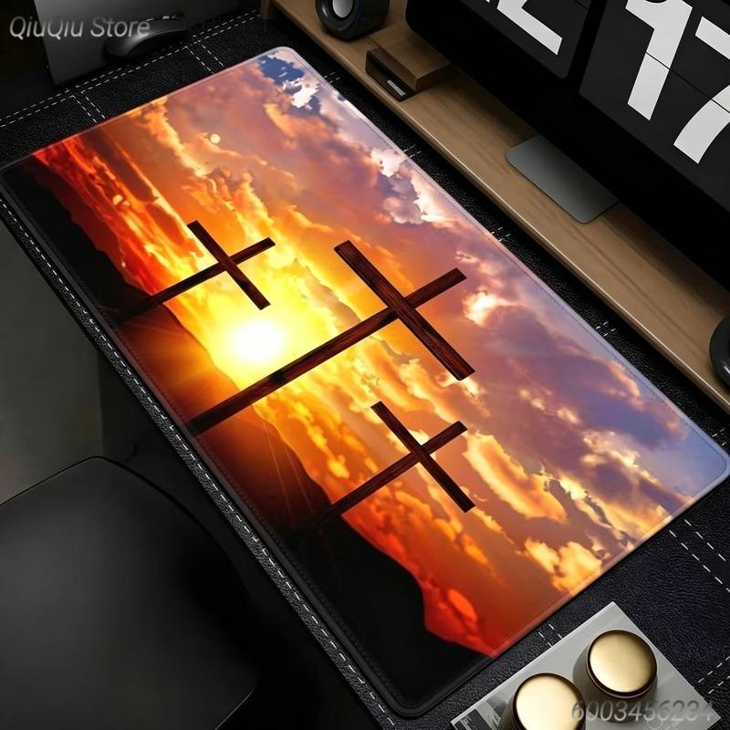 Jesus and Cross Gaming Mouse Pad NonSlip Rubber Base Desk Mat Office Believer Gift Religious Art Design Keyboard Pad