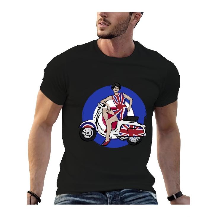 Men'S Black Retro 60S British Mod Scooter Girl Graphic Tee Available Online, Featuring Anime Designs And The UK Union Jack. This Heavyweight Vintage