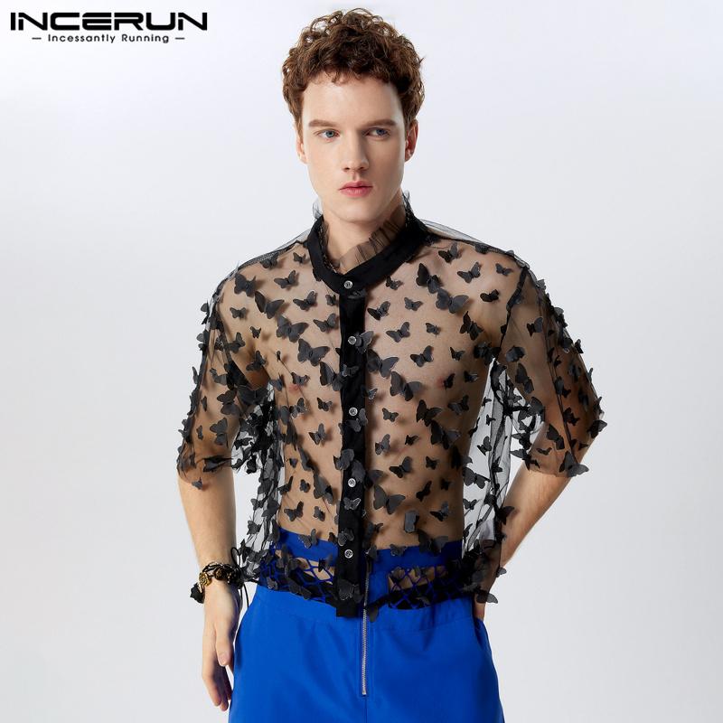 INCERUN Мужские сетчатые топы с воротником-стойкой, прозрачные, кружевные, короткие, сексуальные, футболки