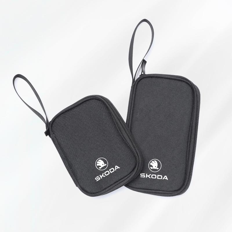 xjfam2 Car Cable Drive Earphone Charger Protable Storage Bag For New Skoda Octavia Kodiaq Fabia Superb Karoq Yeti Rapid Mk3 Vrs Kamiq