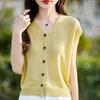 Linen V-neck Knit Cardigan - Women's Short Sleeve, Summer 2026, Solid Color, Loose Fit.