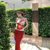 Zhao Ruth's same holiday swimsuit beach skirt set, sexy backless neck red split three-piece set
