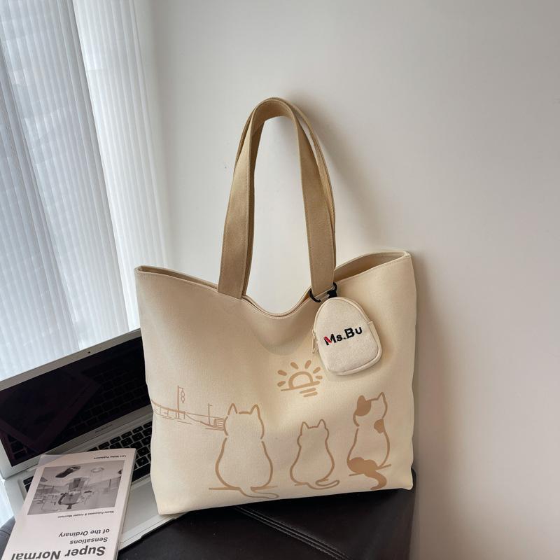 Simple Cartoon Tote Bag 2025 Autumn New Fashionable Simple and Large-capacity Korean Casual Shoulder Bag Is Foreign