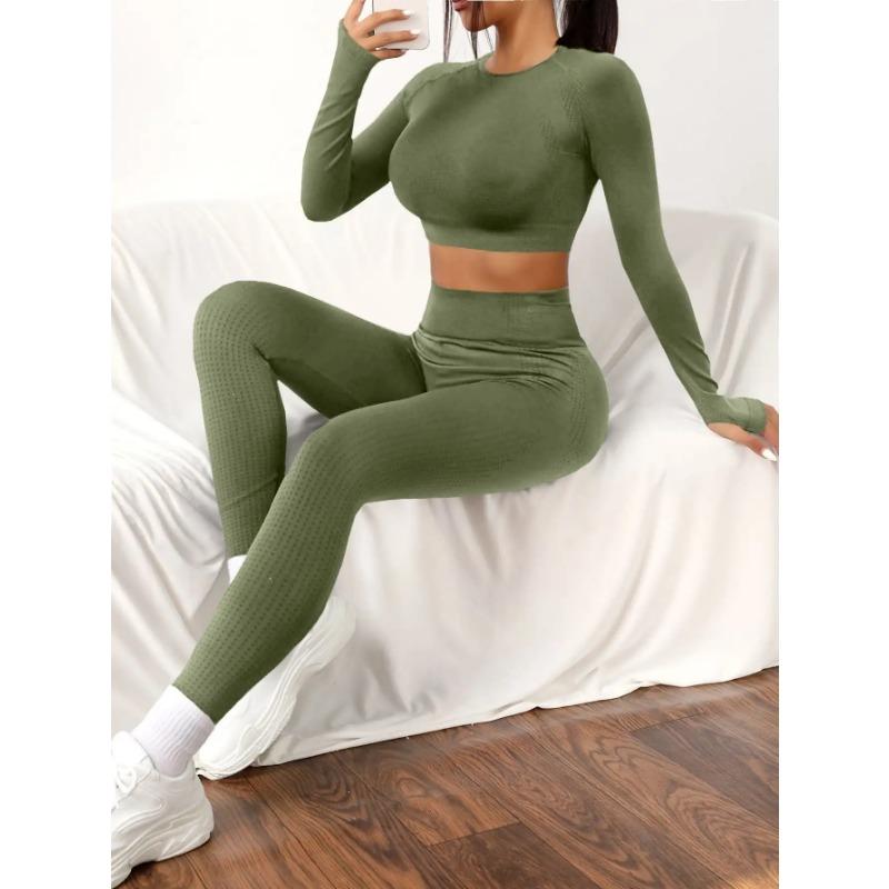 Бесшовный спортивный тренировочный костюм из двух частей, брюки с длинными рукавами и высокой талией, обтягивающие леггинсы, женская спортивная одежда
