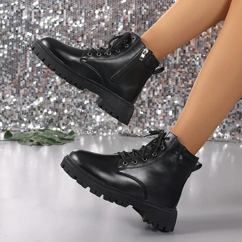 Женские ботинки Осенние и зимние высокие военные ботинки Женские зимние короткие мотоциклетные ботинки на толстой подошве со шнуровкой для женщин