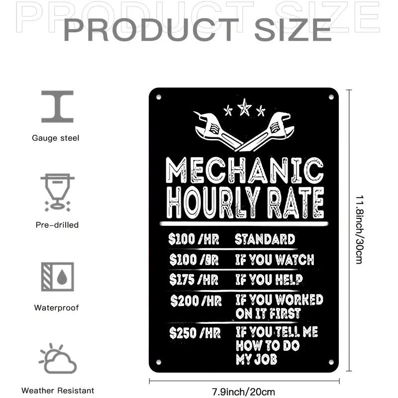 1 item: Funny tinplate wall hanging for car repair shops; humorous slogans about mechanic hourly rates; decorative wall painting