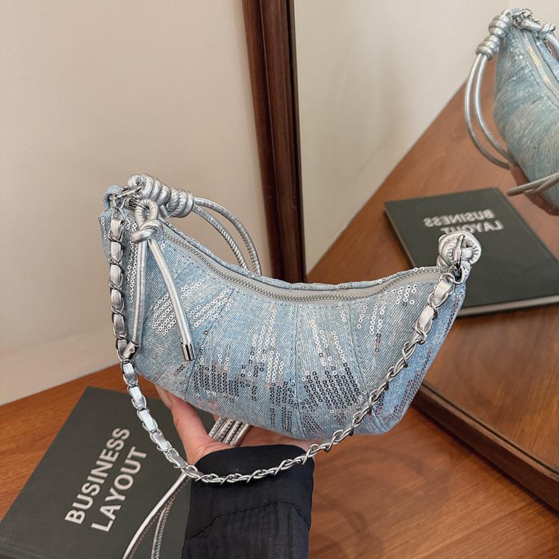 Джинсовая сумка женская популярная новая трендовая модная простая сумка подмышку цепочка с пайетками портативная сумка на плечо