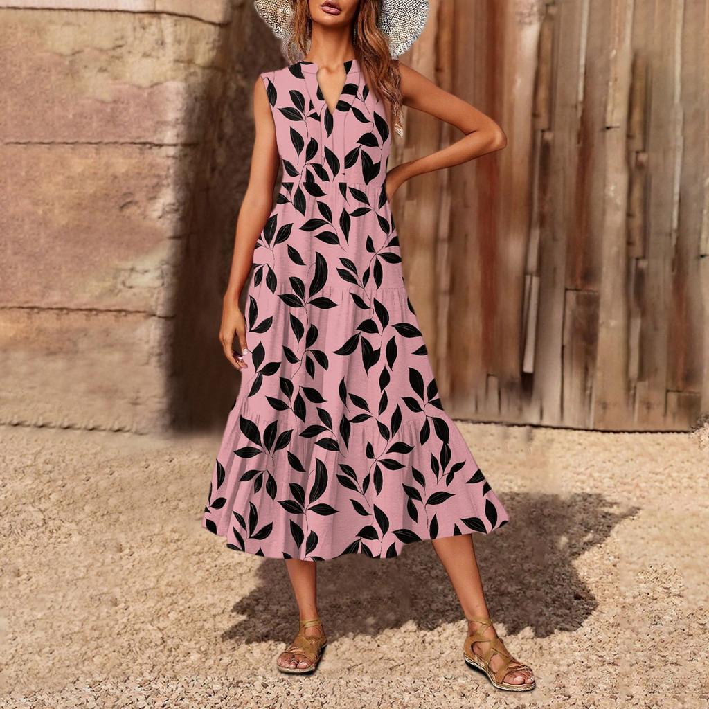 Women's Casual And Fashionable V-neck Sleeveless Printing Mid Length Dress