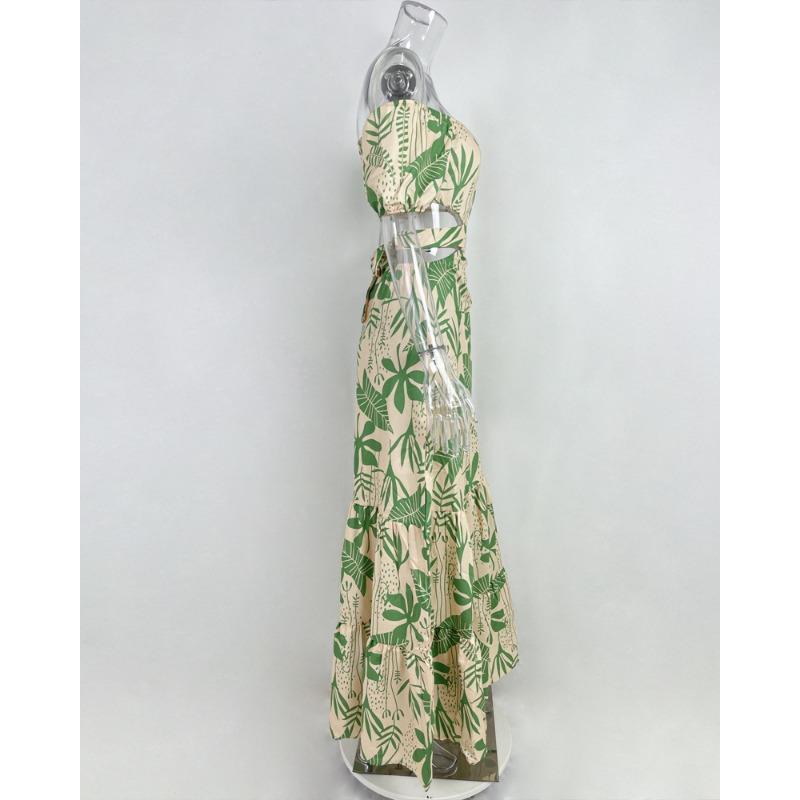Women Sexy Off Shoulder Printed Lace Up Cutout High Waist Slim Fit Long Swing Dress