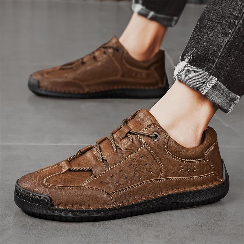 Fashion Brown Size 48 Handmade Leather Men Shoes Casual Comfortable Slip On Hiking Leather Shoe Flats Moccasins Walking Shoes