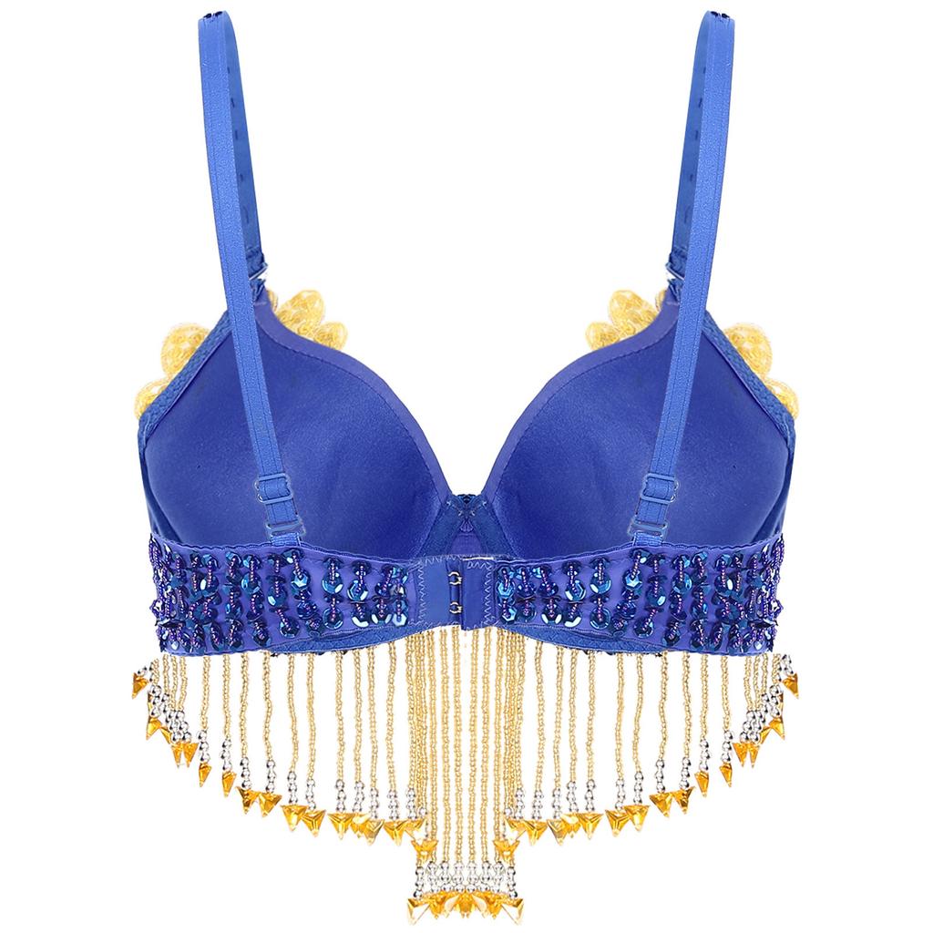 Womens Sparkly Sequins Belly Dance Top Adjustable Straps Plastic Beaded Tassels Underwired Bra