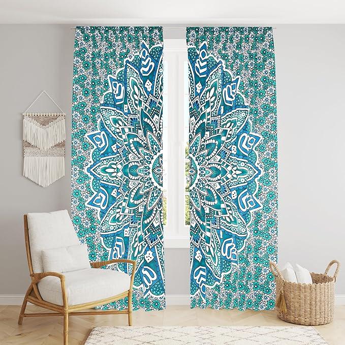 BLESS INTERNATIONAL Beautiful Indian Bohemian Psychedelic Hippie Ombre Window Curtain Panels for Bedroom, Living, Balcony (Green Blue Flower)