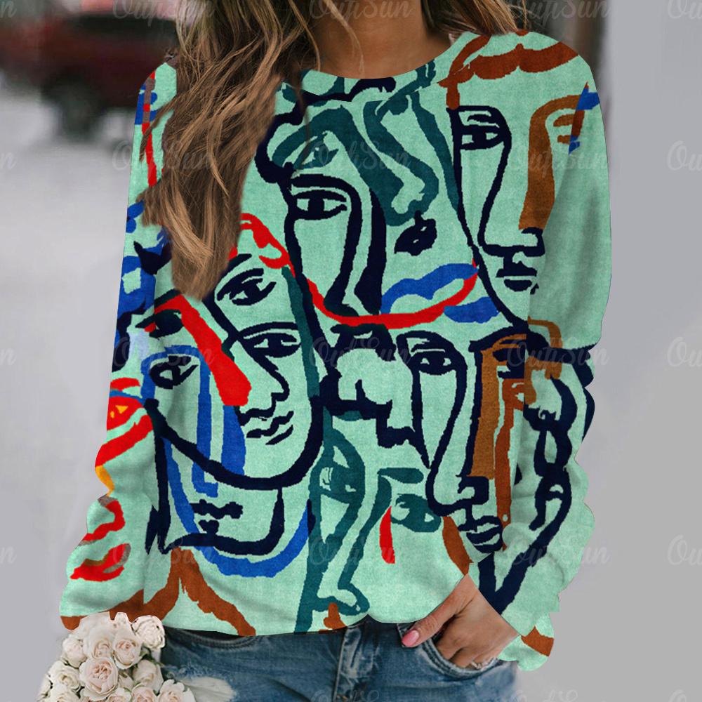 Геометрия Абстрактные принты Женские футболки Винтажное искусство Длинные рукава Футболки Осенняя повседневная женская одежда Свободные повседневные уличные топы