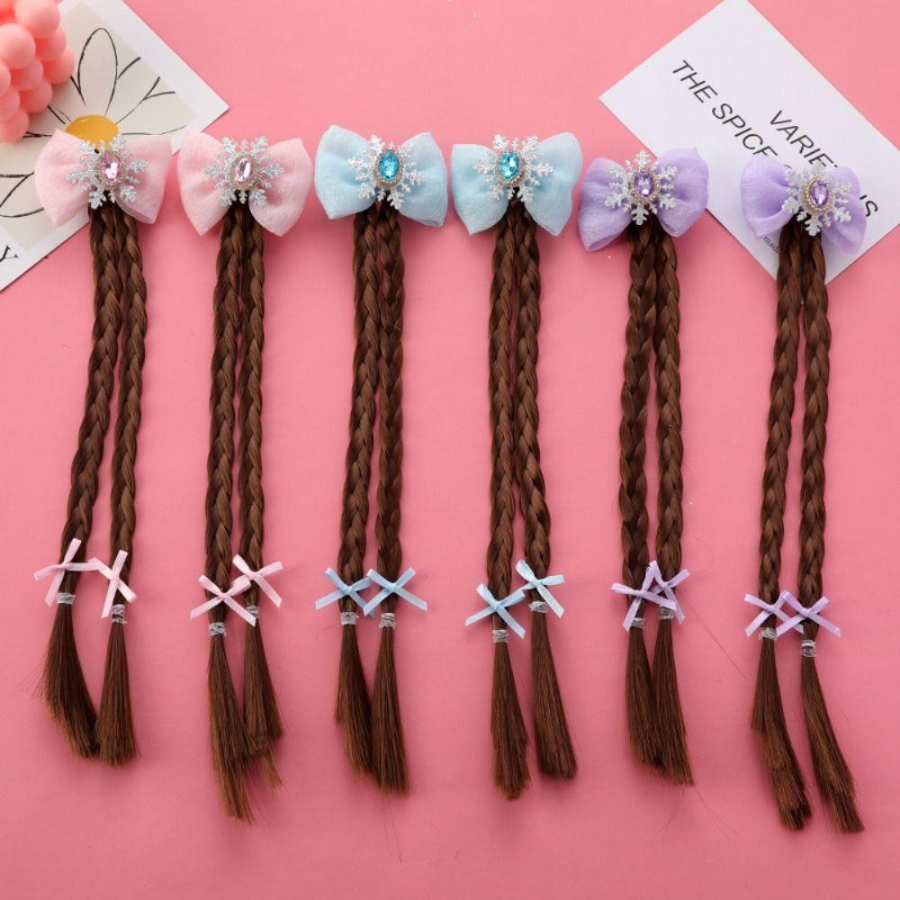 2pcs Snowflake Girls Braids Wig Synthetic Kids Ponytail Princess Cartoon Bow Ponytail  Daily