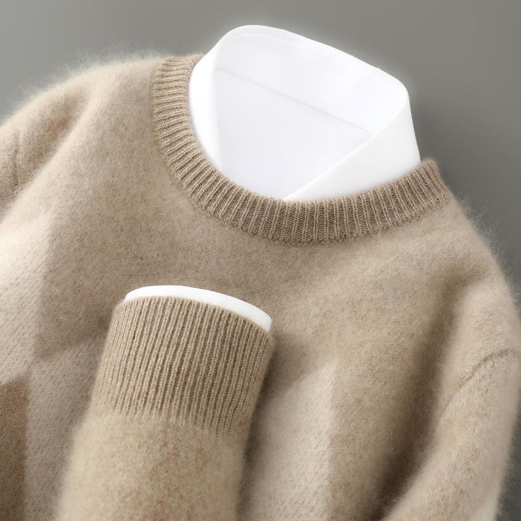 Men's Color Block Wool Sweater: Round Neck, Thick, Simple Design, 100% Pure Cashmere, Perfect for Autumn/Winter.