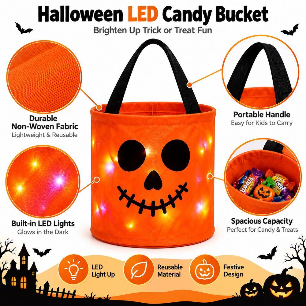 LED Halloween Candy Bucket Ghost Print Halloween Tote Bag New Pumpkin Bucket Kids