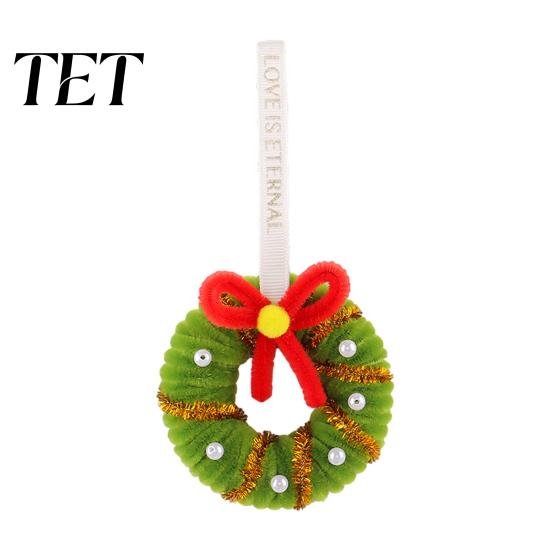 Mini Christmas Tree Ornament Handmade Pipe Cleaner Wreath Ornament, Chenille Stems Bow Bell Decoration Crafts with Bells for Holiday Window Fireplace