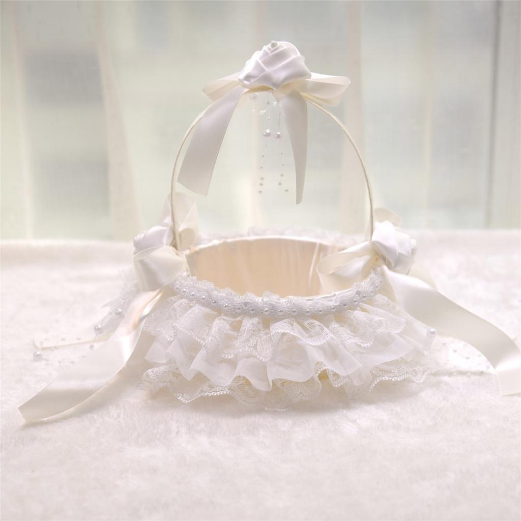 Lace Ruffles Wedding Baskets Bowknot Flower Baskets for Wedding Ceremony Wedding Flower Girl Basket with Flower Handle