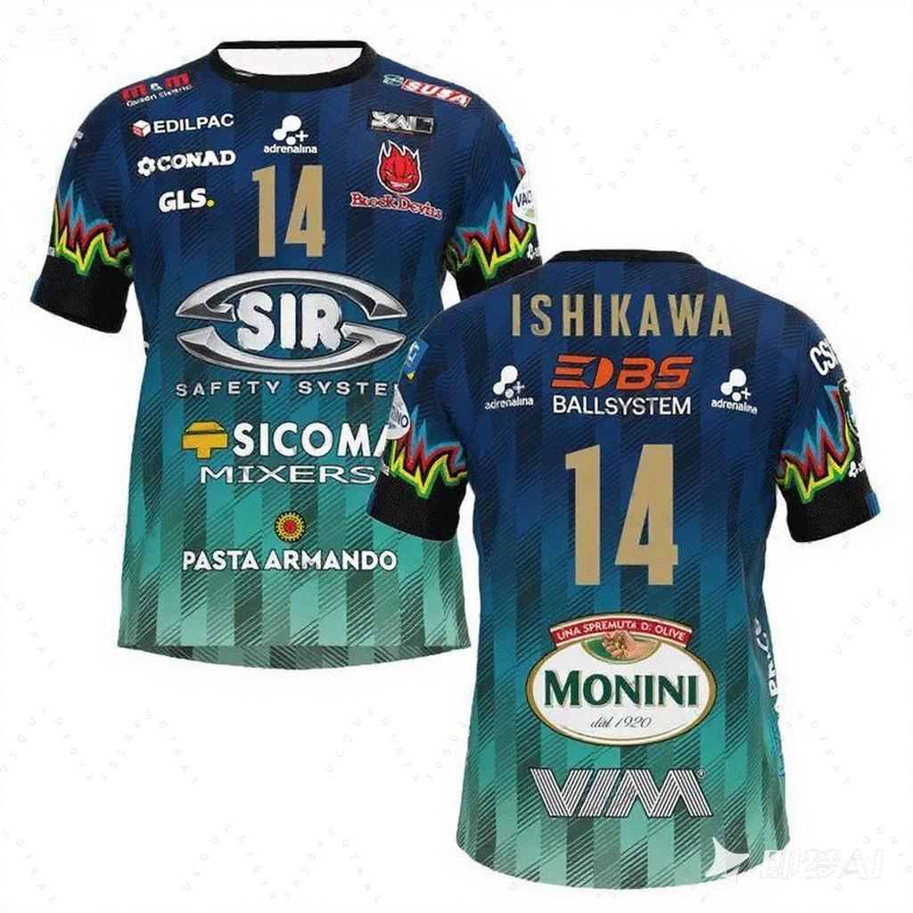 Нет. 14 Волейбольная футболка Sir Safety Perugia Футболки Матчевая одежда Пляжная футболка Мужская Исикава Домашняя Чемпионы Мужская Велоспорт Спортивная одежда