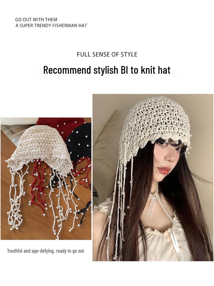 Summer Ethnic Style Knitted Hat with Hollow Pearl Tassel Pendant - Retro Face-Showing Design for Women