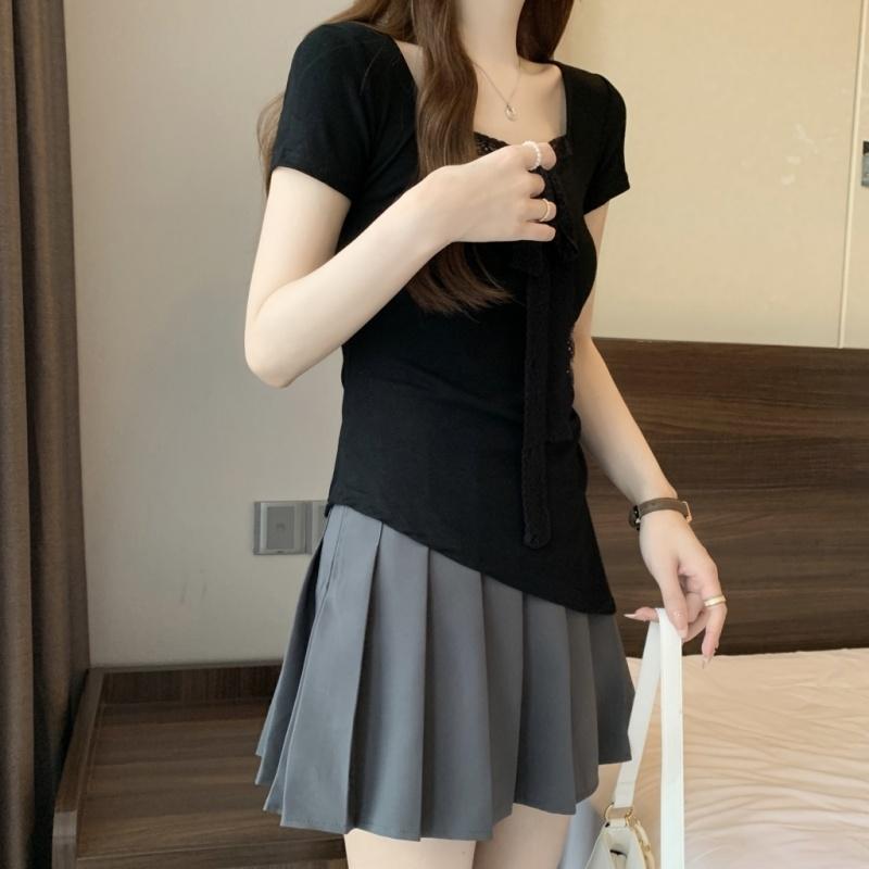 Летние женские однотонные пуловеры с коротким рукавом и круглым вырезом, корейские футболки с кружевом и лентами, топы y2k, женские приталенные футболки из чистого хлопка
