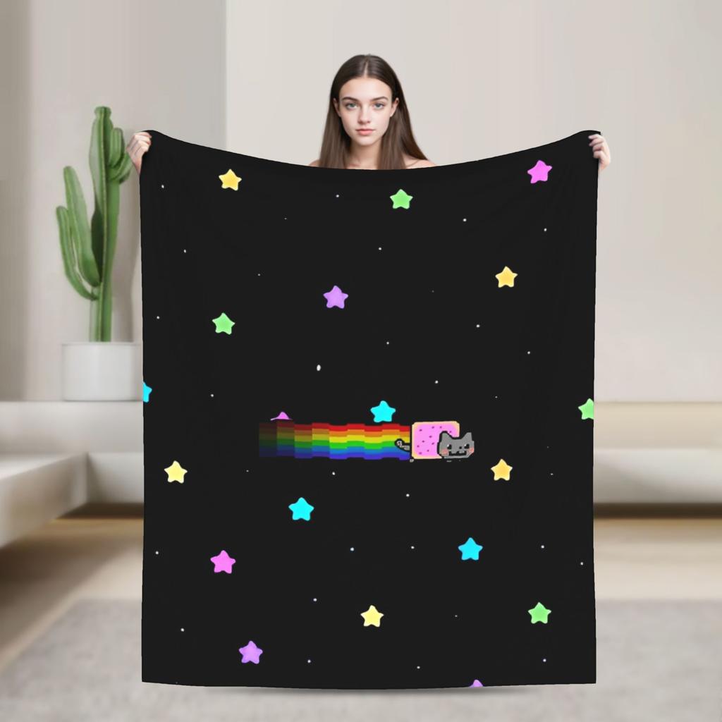 Cat Rainbow Pixel Space Nyans Blanket Flannel Textile Decor Multifunction Soft Throw Blankets for Bedding Couch Rug Piece