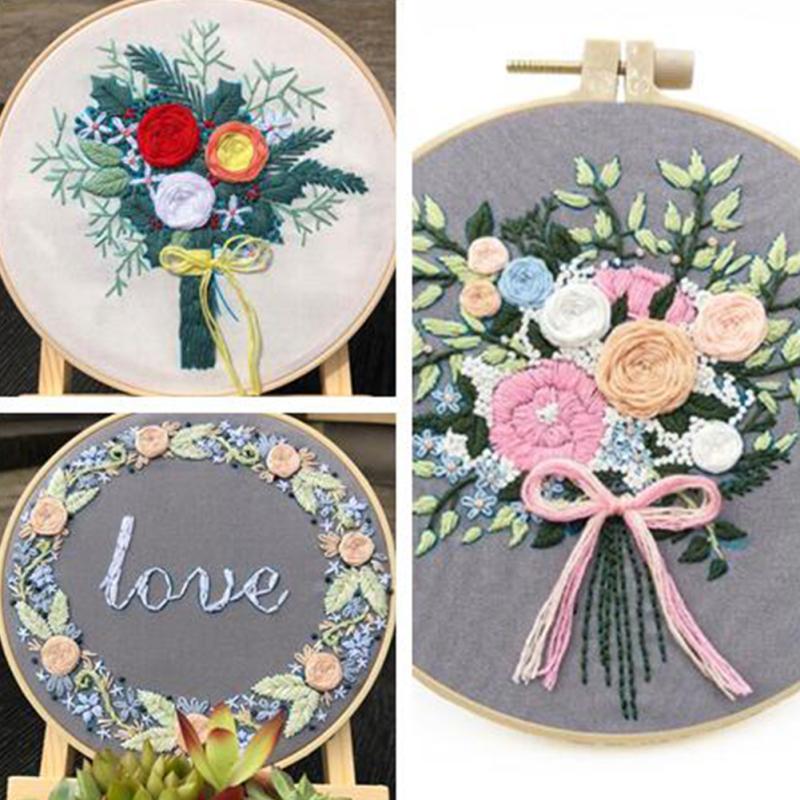 Набор для вышивания 3 шт. Хлопок и лен, цветочная вышивка, набор материалов для DIY, бамбуковые пяльцы для вышивания 20 см