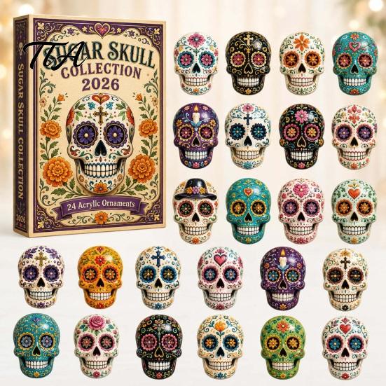 Halloween Advent Box Day of The Dead Calendar, 24-Day Acrylic Ornament Set with Mexican Culture Collectible Skull And Marigold Designs, Tree