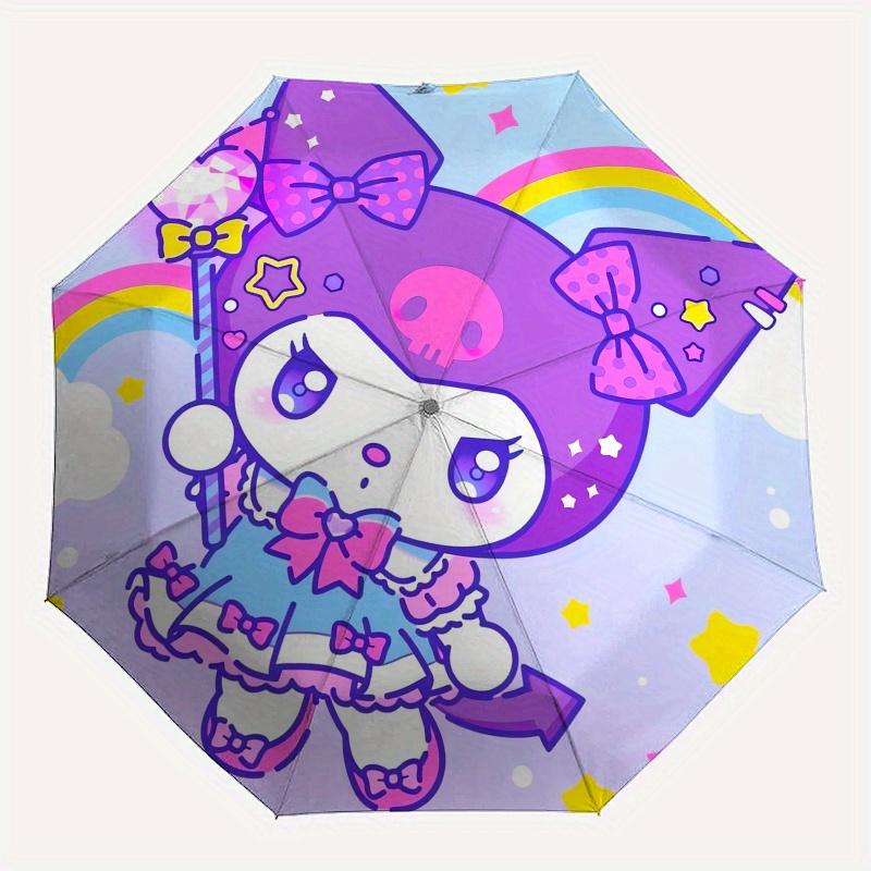 Kuromi Automatic Folding Umbrella-Simple 8-Rib Design, Bright Cartoon Pattern, Durable Iron Frame, Suitable For Travel, Outdoor, Beach-Cute