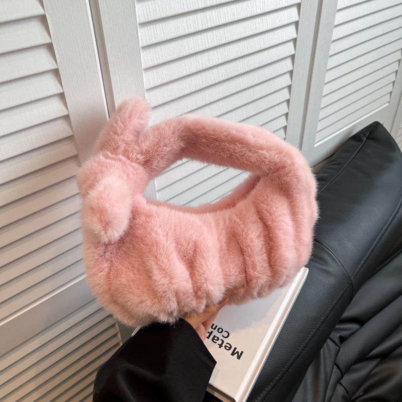Women's Luxury Plush Clutch Cute Bow-shaped Handbag Headphone Coin Purse Fashion Faux Fur Solid Color Soft Pleated Cloud Bag