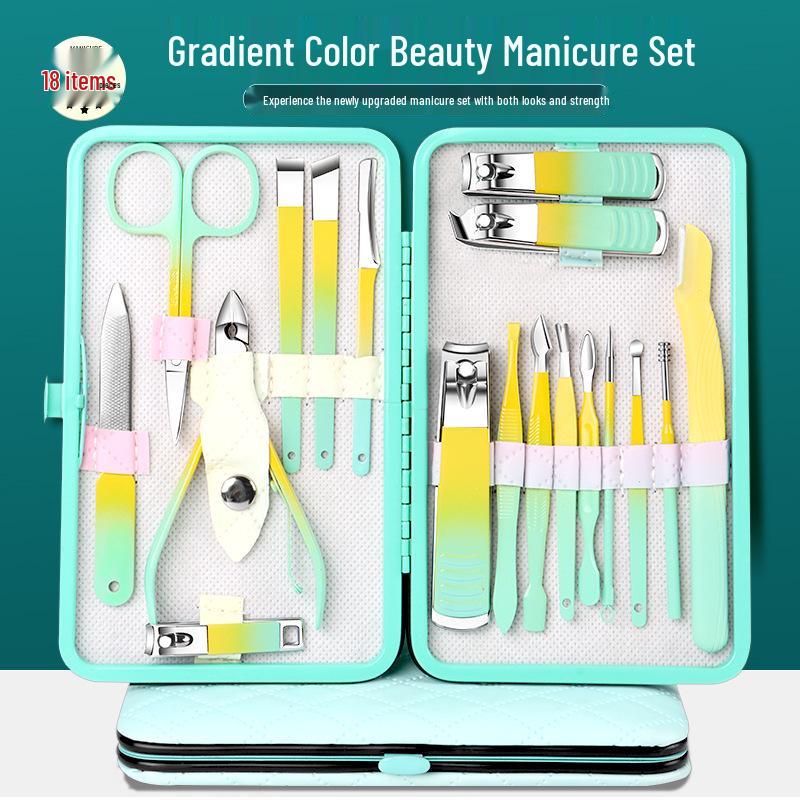 18-Piece Gradient Yellow-Green Manicure & Pedicure Tool Set with Nail Clippers and Cuticle Scissors