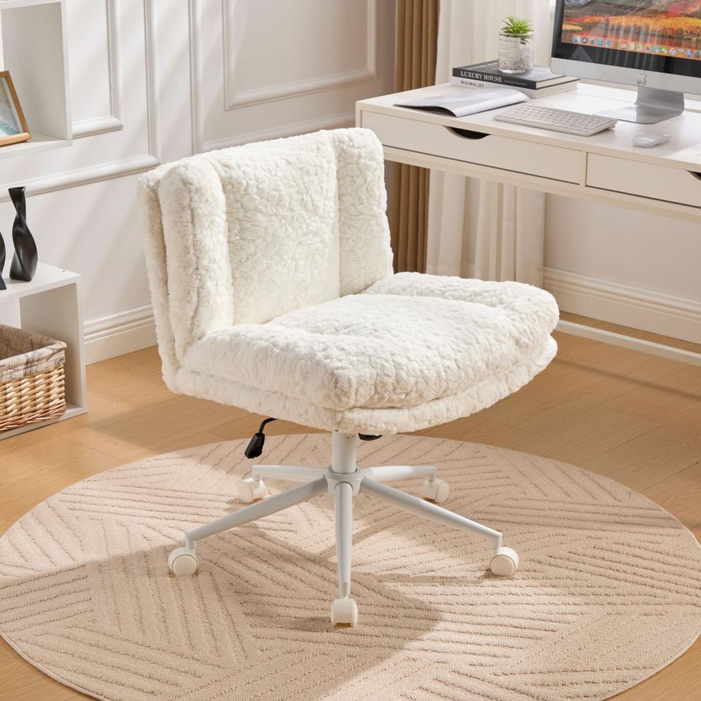 W26.4 inch Wider Seat Office Chair,Artificial rabbit hair Home Chair with Metal Base,Adjustable Desk Swivel Chair,Vanity Chair(Cream) ,DE1875CM
